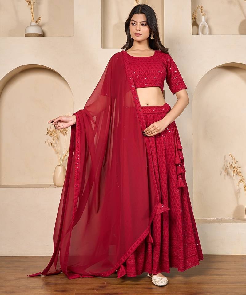 red georgette embroidered lehenga set