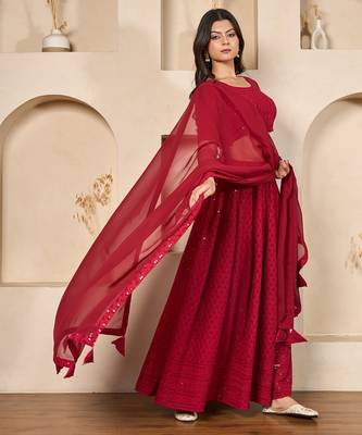 red georgette embroidered lehenga set 2