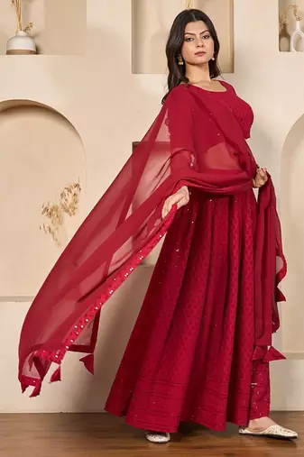 red georgette embroidered lehenga set