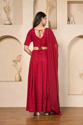 red georgette embroidered lehenga set