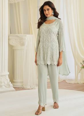 Sea green georgette sequins readymade suits free size up to 42 1
