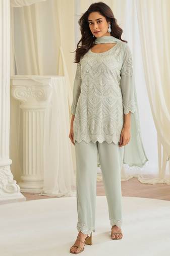 Sea green georgette sequins readymade suits free size up to 42