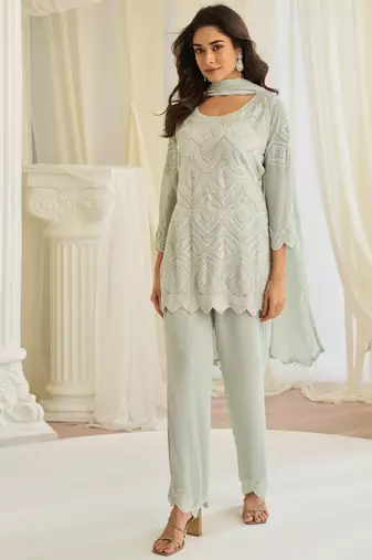 Sea green georgette sequins readymade suits free size up to 42