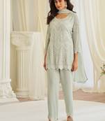 Sea green georgette sequins readymade suits free size up to 42