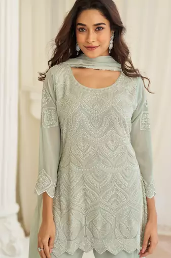 Sea green georgette sequins readymade suits free size up to 42