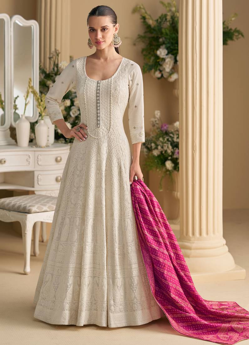 White georgette sequins readymade suits free size up to 42