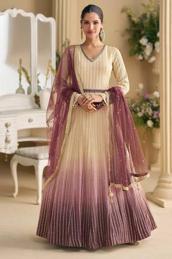 Biege & wine georgette sequins readymade suits free size up to 42