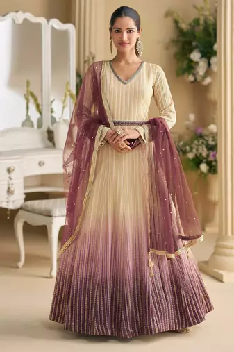 Biege & wine georgette sequins readymade suits free size up to 42