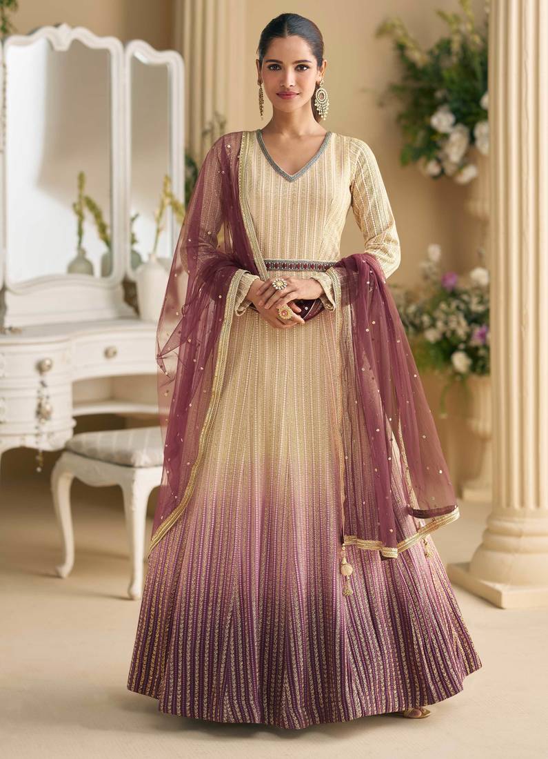 Biege & wine georgette sequins readymade suits free size up to 42