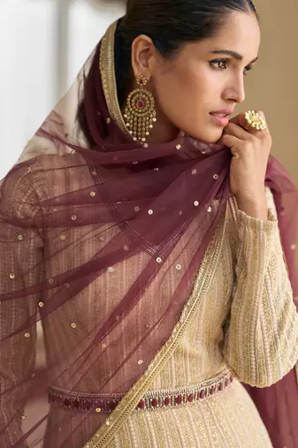Biege & wine georgette sequins readymade suits free size up to 42