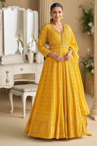 Yellow georgette sequins readymade suits free size up to 42