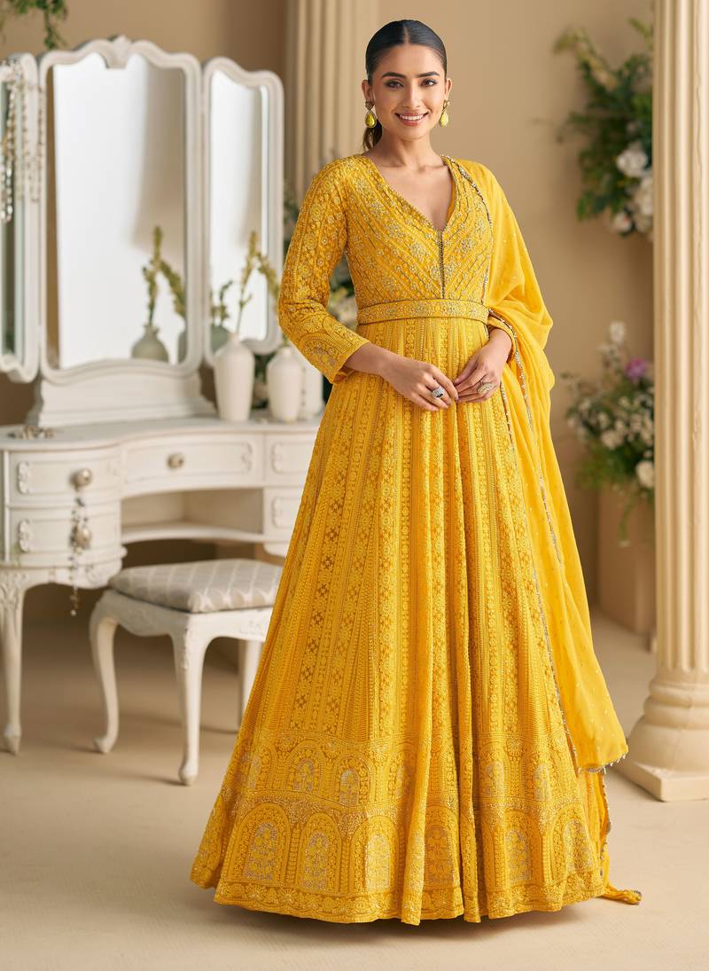 Yellow georgette sequins readymade suits free size up to 42