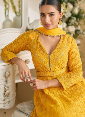 Yellow georgette sequins readymade suits free size up to 42 2