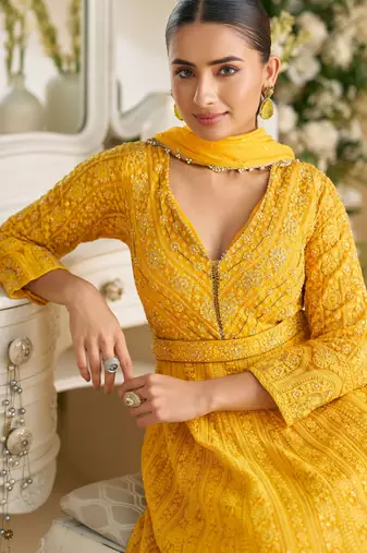 Yellow georgette sequins readymade suits free size up to 42
