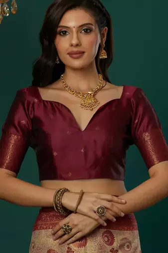 cream maroon silk blend banarasi saree with unstitched blouse piece
