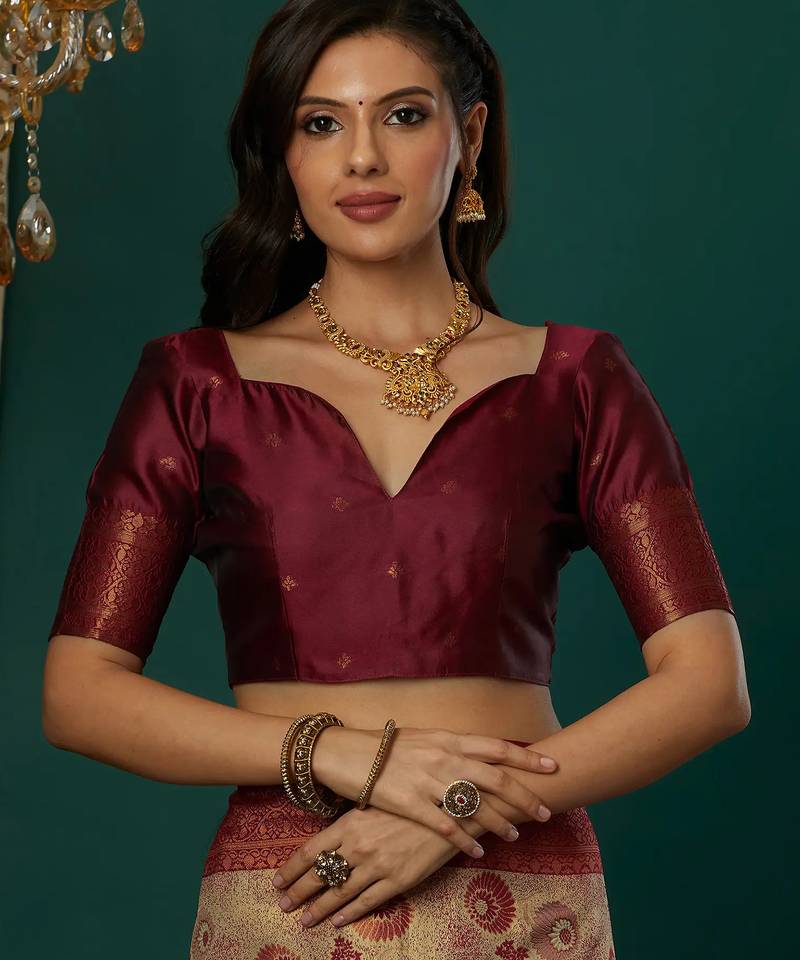 Cream maroon   soft silk blend banarasi jacuard work designer party wear saree with unstitched blouse piece