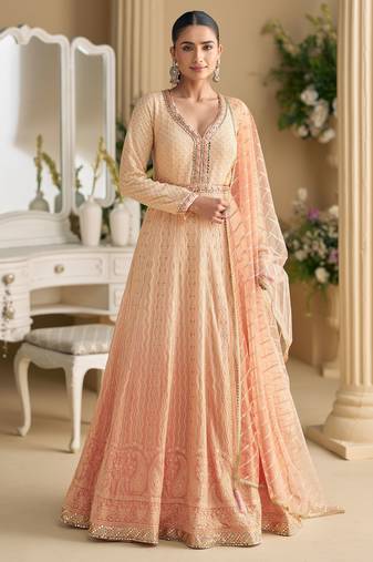 Peach georgette sequins readymade suits free size up to 42