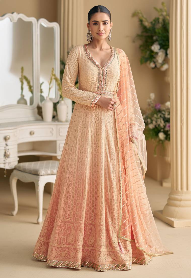 Peach georgette sequins readymade suits free size up to 42