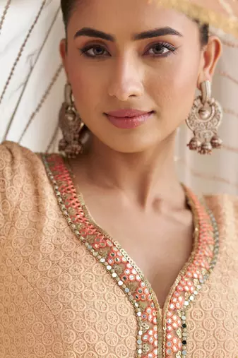 Peach georgette sequins readymade suits free size up to 42