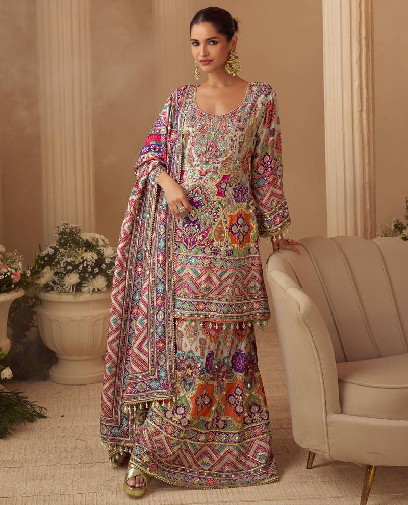 Multi crepe sequins readymade suits free size up to 42