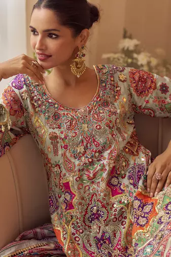 Multi crepe sequins readymade suits free size up to 42
