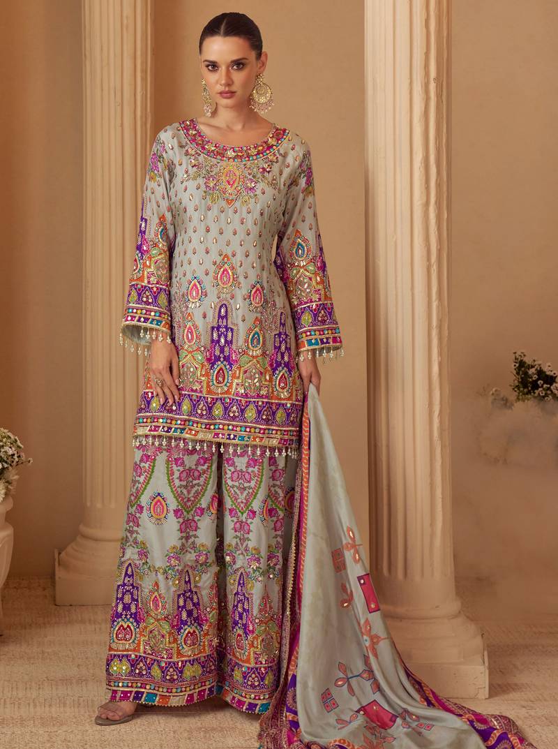 Multi crepe sequins readymade suits free size up to 42