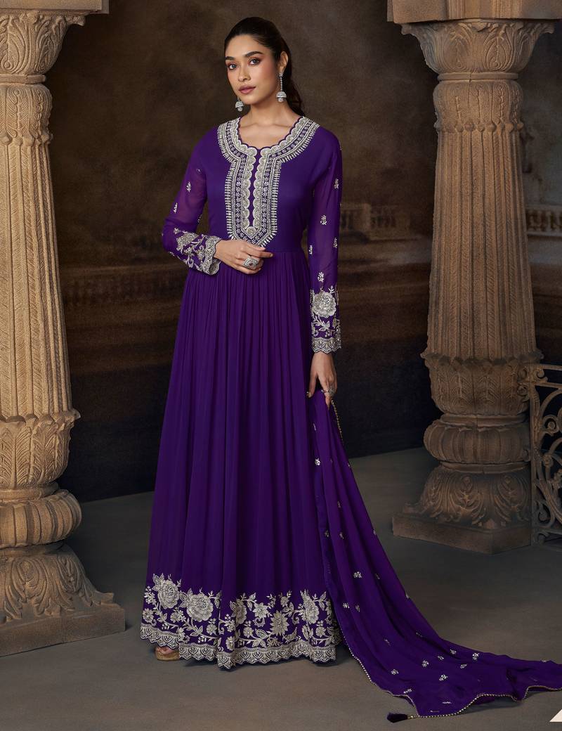 Purple georgette sequins readymade suits free size up to 42