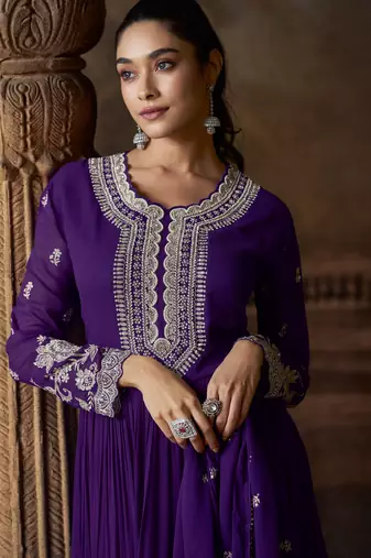 Purple georgette sequins readymade suits free size up to 42