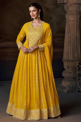 Yellow georgette sequins readymade suits free size up to 42