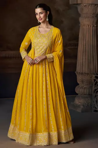 Yellow georgette sequins readymade suits free size up to 42