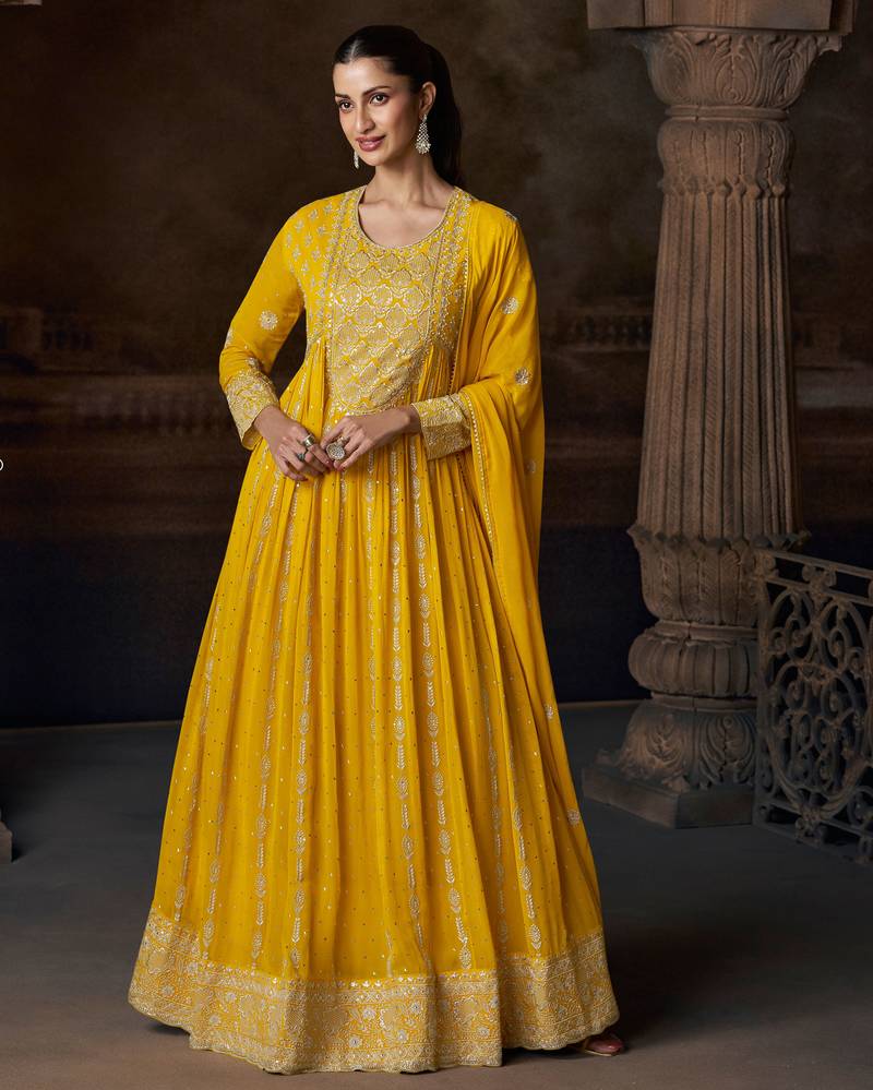 Yellow georgette sequins readymade suits free size up to 42
