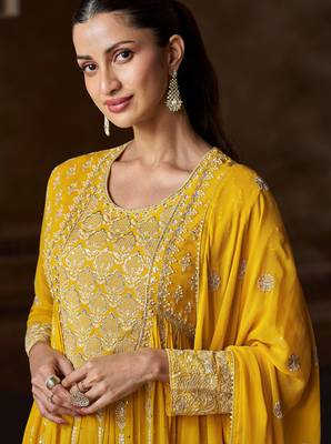 Yellow georgette sequins readymade suits free size up to 42 2