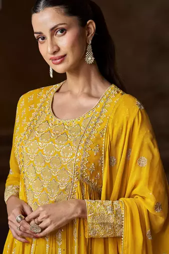 Yellow georgette sequins readymade suits free size up to 42
