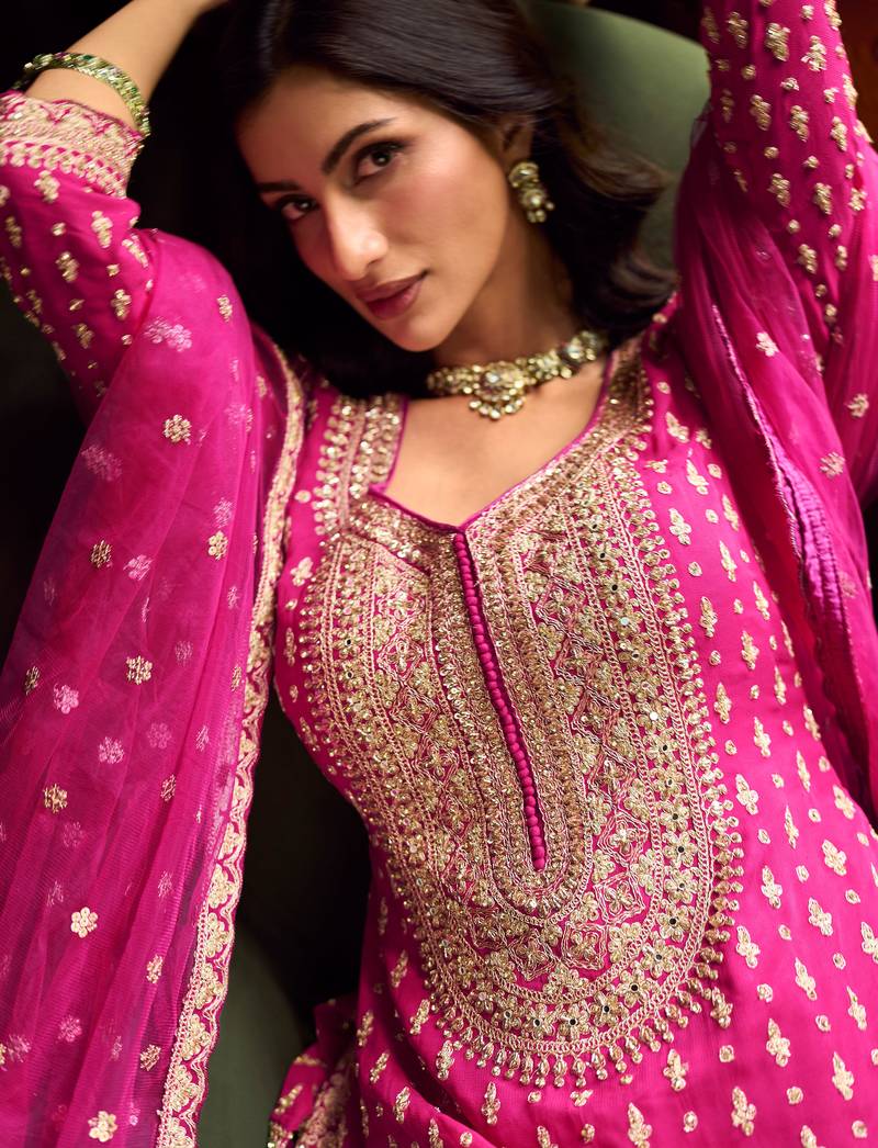 Pink georgette sequins readymade suits free size up to 42