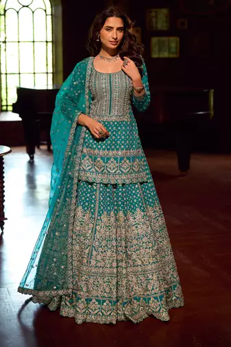 Turquoise blue georgette sequins readymade suits free size up to 42
