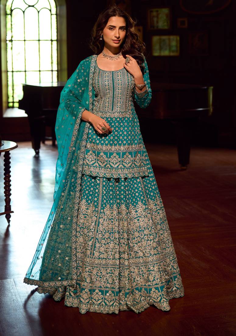 Turquoise blue georgette sequins readymade suits free size up to 42