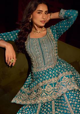 Turquoise blue georgette sequins readymade suits free size up to 42 2
