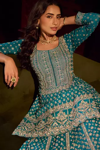 Turquoise blue georgette sequins readymade suits free size up to 42