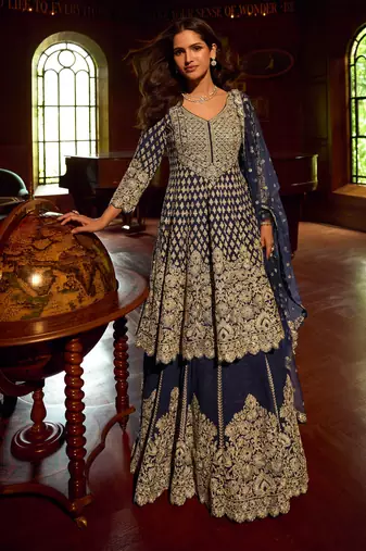 Navy georgette sequins readymade suits free size up to 42