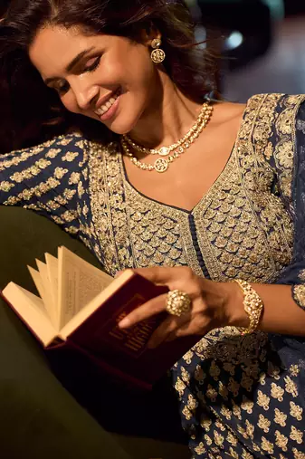 Navy georgette sequins readymade suits free size up to 42