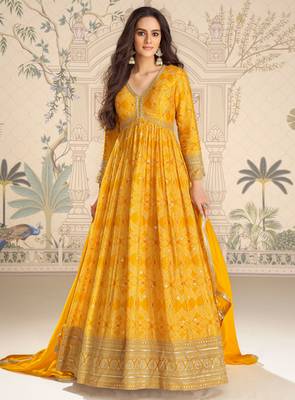 Mustard art silk sequins readymade suits free size up to 42 1