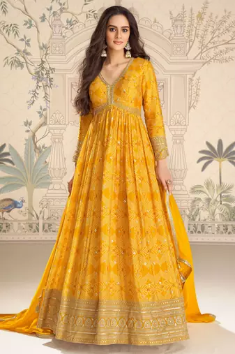 Mustard art silk sequins readymade suits free size up to 42