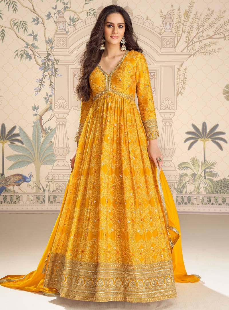 Mustard art silk sequins readymade suits free size up to 42