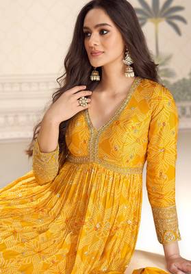 Mustard art silk sequins readymade suits free size up to 42 2