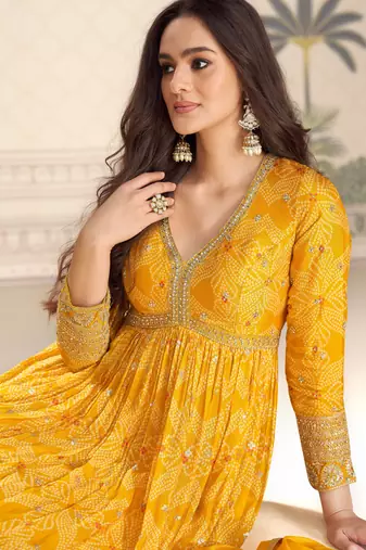 Mustard art silk sequins readymade suits free size up to 42