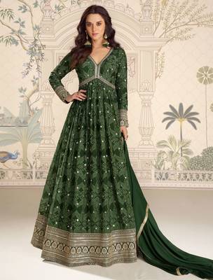 Dark green art silk sequins readymade suits free size up to 42 1