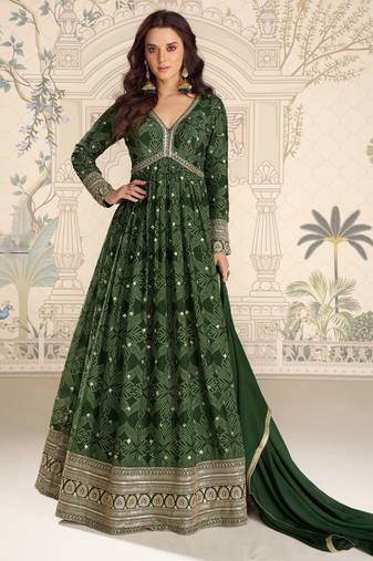 Dark green art silk sequins readymade suits free size up to 42