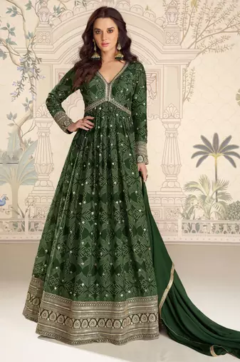 Dark green art silk sequins readymade suits free size up to 42