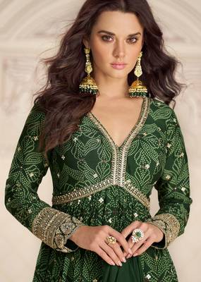 Dark green art silk sequins readymade suits free size up to 42 2