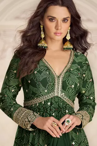 Dark green art silk sequins readymade suits free size up to 42